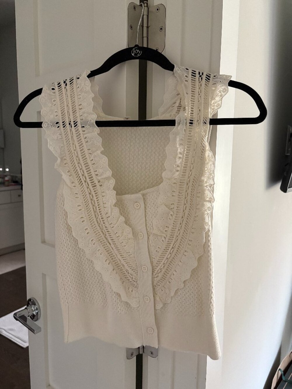 Pilcro Anthropologie Ivory Pointelle Knit Eyelet Ruffle Button Vest Size XXS